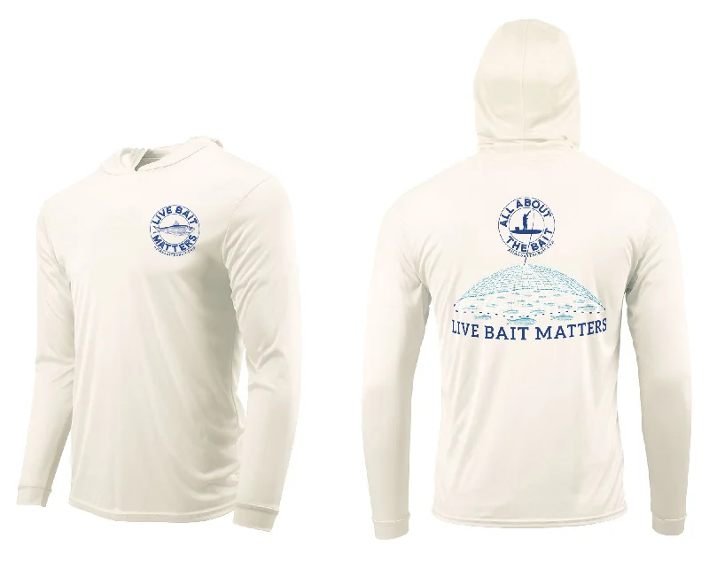 (FREE MASK) LIVE BAIT MATTERS HOODED - SAND - 50+ UPF - Long Sleeve Performance Shirt - 100% Polyester - FREE DELIVERY