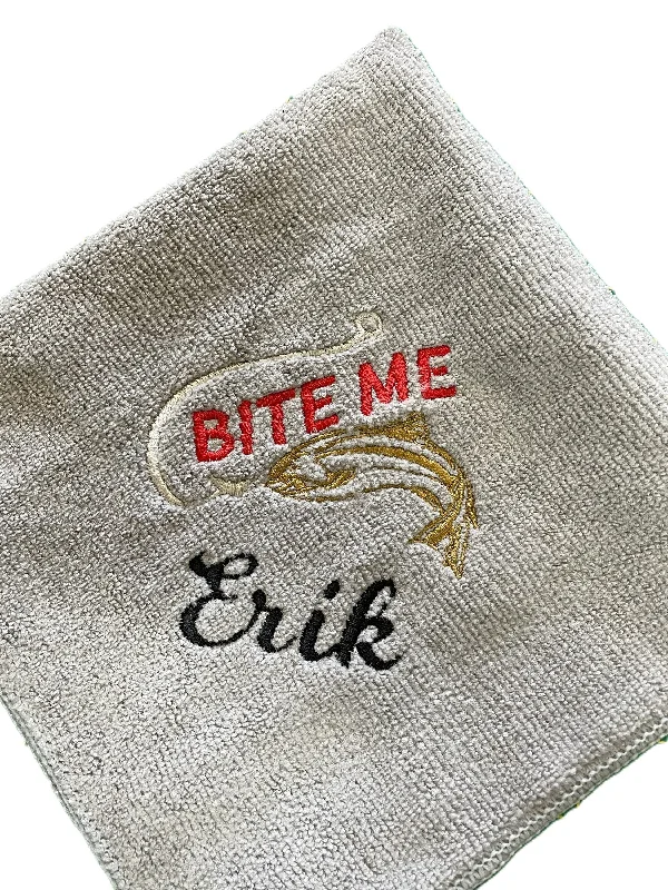 Personalized Embroidered Fishing Towel with Clip, Custom Fishing Towel Bite Me, Gift for Dad, Christmas, Birthday Gift, Fishing Gift