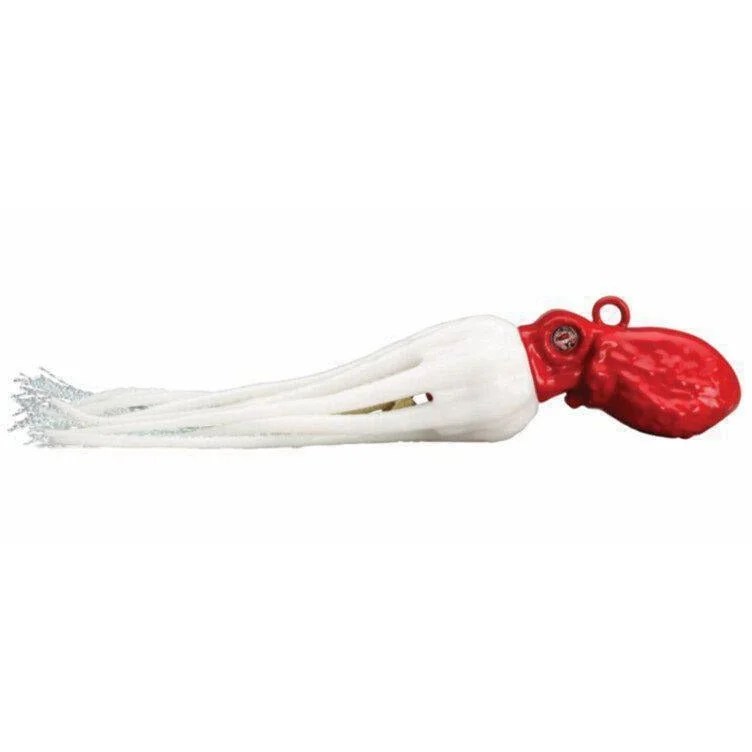 13 Fishing Octopi Jig, 9 oz, Interchangeable Skirt, Rapid Descent, Red Head/Pearl White Skirt